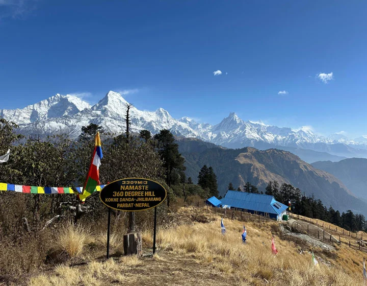 Scenic morning view from Kokhe Danda Trek viewpoint featuring the Himalayan mountains and landscapes of Nepal.