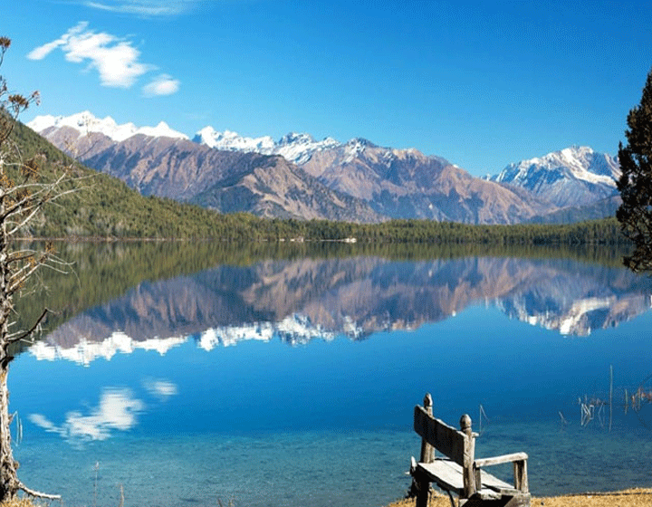 Scenic view of Rara Lake in Nepal surrounded by hills, highlighting the trekking route.