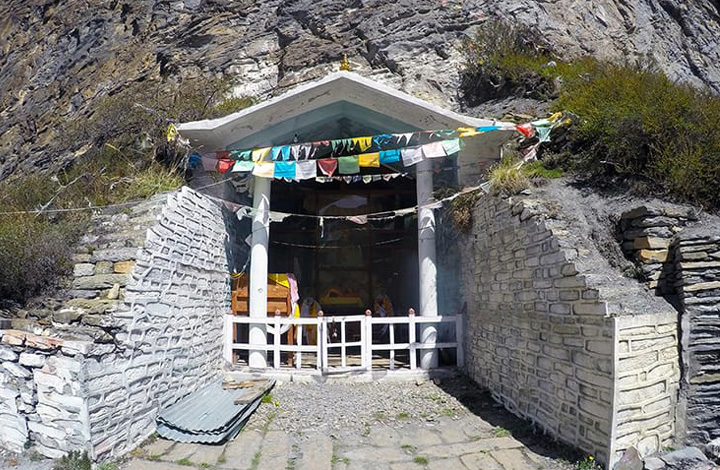 Milarepa Cave in Manang, Nepal, overlooking the Himalayan landscape along the Annapurna Circuit.