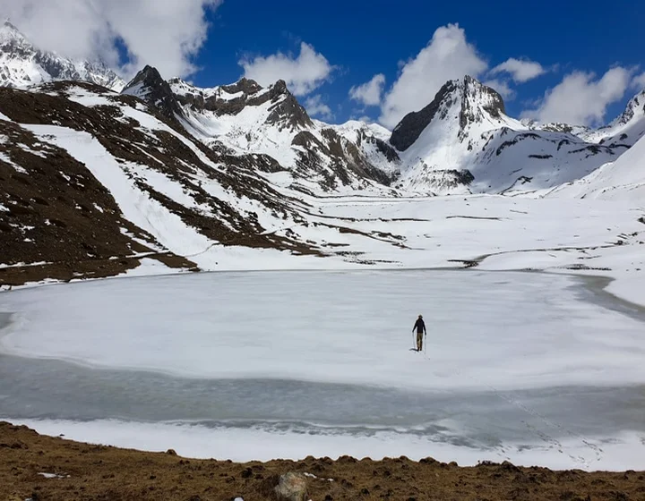 Ice Lake near Manang with snowy mountains during the Annapurna Circuit trek in Nepal