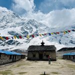 Pungen gumba with Mountain mountain and prayer flags