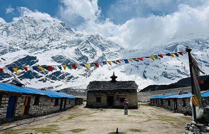 Pungen gumba with Mountain mountain and prayer flags