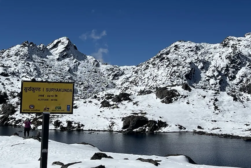 Surya Kunda Pass overlooking the beautiful Lake during the Langtang Gosaikunda Helambu Trek in Nepal
