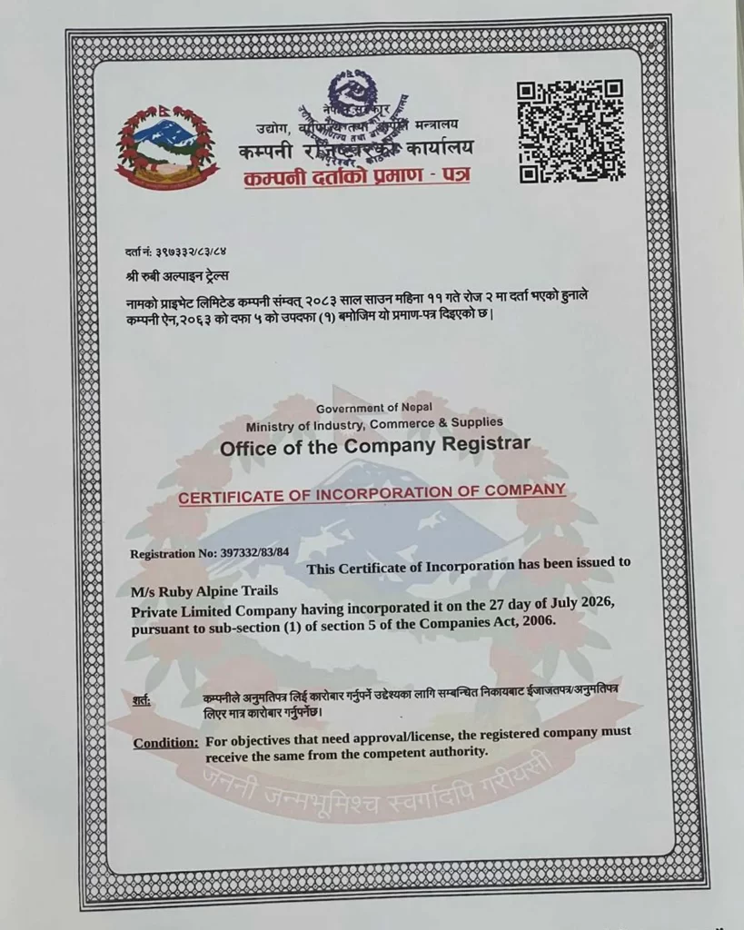 Ruby Alpine Trails company registration certificate