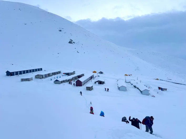 Dharmasala in the Manaslu region of Nepal, a mountain lodge area on the Manaslu Circuit Trek.